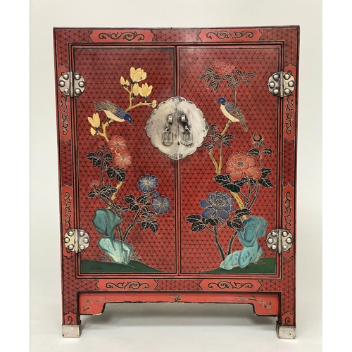 225 - CHINOISERIE CABINET, Chinese scarlet lacquered and gilt decorated with two doors, 59cm x 28cm x 77cm... 