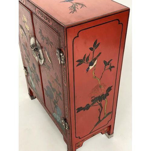 225 - CHINOISERIE CABINET, Chinese scarlet lacquered and gilt decorated with two doors, 59cm x 28cm x 77cm... 