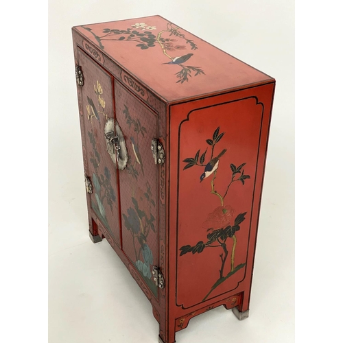 225 - CHINOISERIE CABINET, Chinese scarlet lacquered and gilt decorated with two doors, 59cm x 28cm x 77cm... 