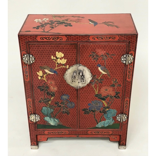 225 - CHINOISERIE CABINET, Chinese scarlet lacquered and gilt decorated with two doors, 59cm x 28cm x 77cm... 