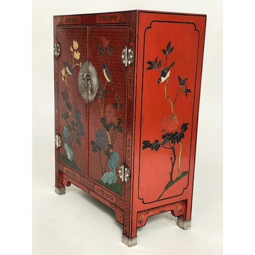 225 - CHINOISERIE CABINET, Chinese scarlet lacquered and gilt decorated with two doors, 59cm x 28cm x 77cm... 