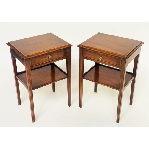 227 - LAMP TABLES, a pair, Georgian style mahogany and crossbanded each with drawer and undertier, 40cm W ... 