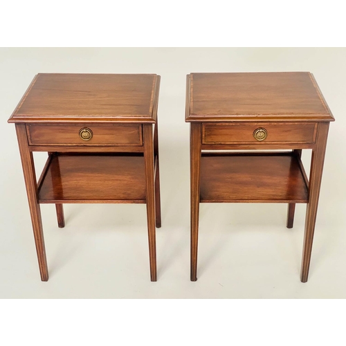 227 - LAMP TABLES, a pair, Georgian style mahogany and crossbanded each with drawer and undertier, 40cm W ... 