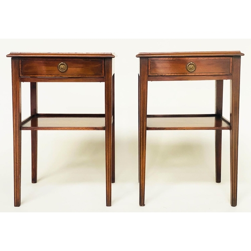 227 - LAMP TABLES, a pair, Georgian style mahogany and crossbanded each with drawer and undertier, 40cm W ... 