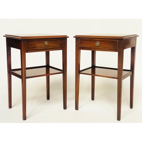 227 - LAMP TABLES, a pair, Georgian style mahogany and crossbanded each with drawer and undertier, 40cm W ... 