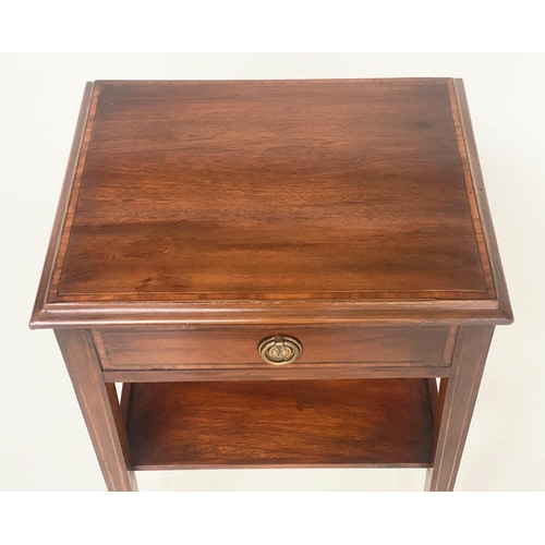 227 - LAMP TABLES, a pair, Georgian style mahogany and crossbanded each with drawer and undertier, 40cm W ... 