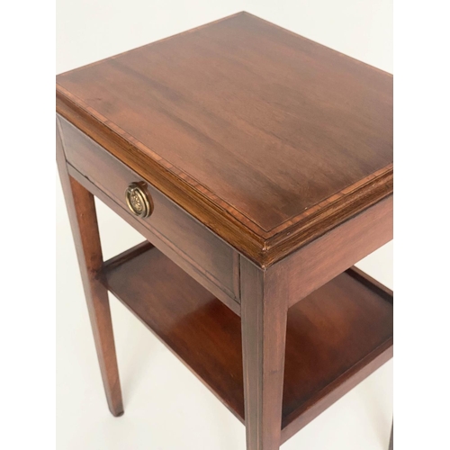 227 - LAMP TABLES, a pair, Georgian style mahogany and crossbanded each with drawer and undertier, 40cm W ... 