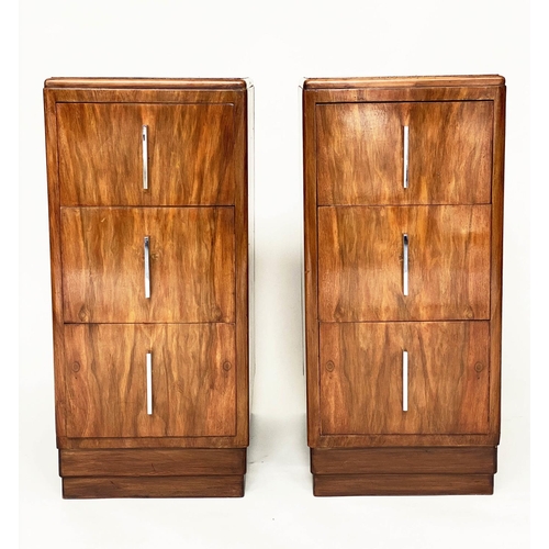 228 - ART DECO BEDSIDE CHESTS, a pair, figured walnut each with three drawers and chromium plated handles,... 