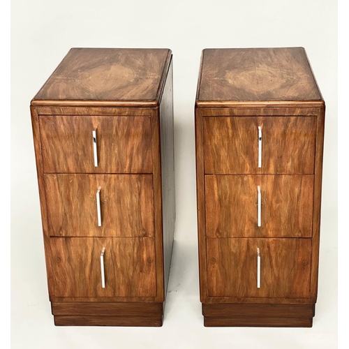 228 - ART DECO BEDSIDE CHESTS, a pair, figured walnut each with three drawers and chromium plated handles,... 