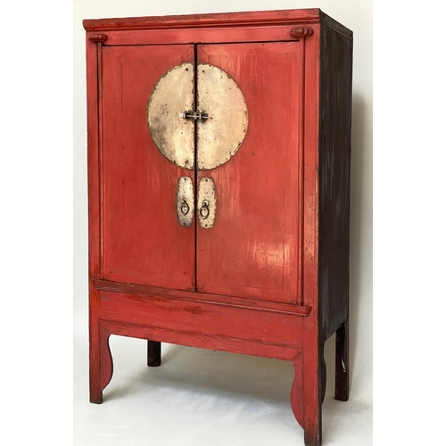 235 - MARRIAGE CABINET, 19th century Chinese, scarlet lacquered and silvered metal mounted, enclosing full... 