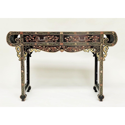 242 - ALTAR TABLE, Chinese lacquered and polychrome decorated with scroll top and two frieze drawers, 125c... 