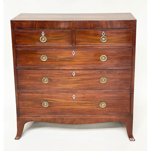 243 - HALL CHEST, Regency figured mahogany of adapted shallow proportions with two short and three long dr... 