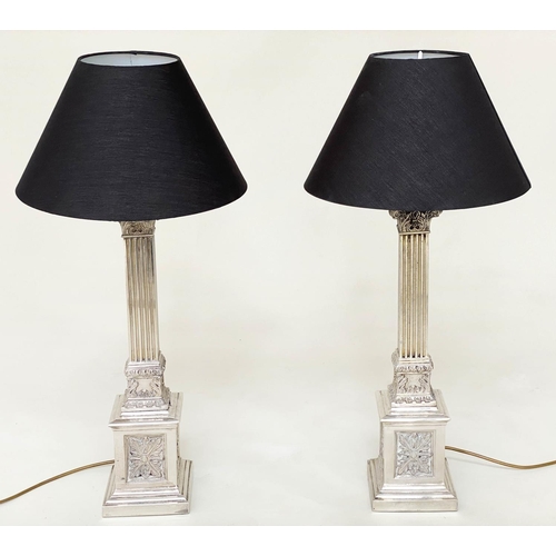 244 - TABLE LAMPS, a pair, silvered metal with fluted square section columns and Corinthian capping, 74cm ... 