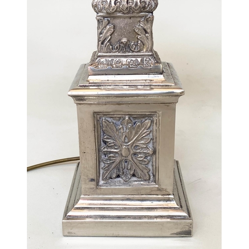 244 - TABLE LAMPS, a pair, silvered metal with fluted square section columns and Corinthian capping, 74cm ... 