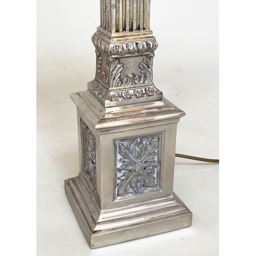 244 - TABLE LAMPS, a pair, silvered metal with fluted square section columns and Corinthian capping, 74cm ... 