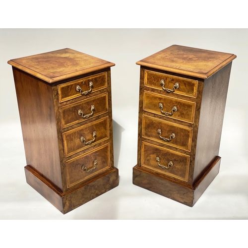 246 - BEDSIDE CHESTS, a pair, George III style burr walnut and crossbanded each with four drawers, 40cm W ... 