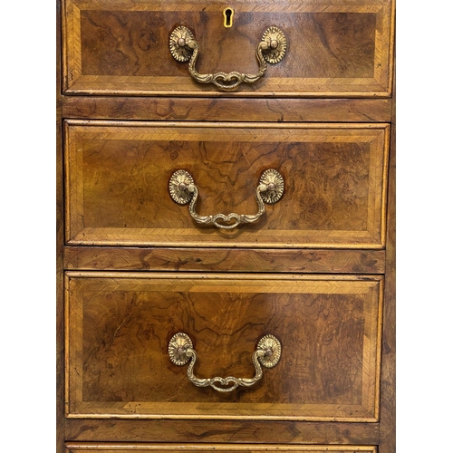 246 - BEDSIDE CHESTS, a pair, George III style burr walnut and crossbanded each with four drawers, 40cm W ... 