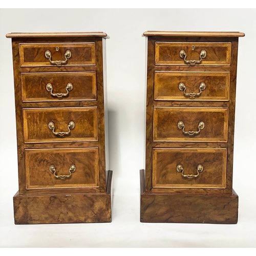 246 - BEDSIDE CHESTS, a pair, George III style burr walnut and crossbanded each with four drawers, 40cm W ... 