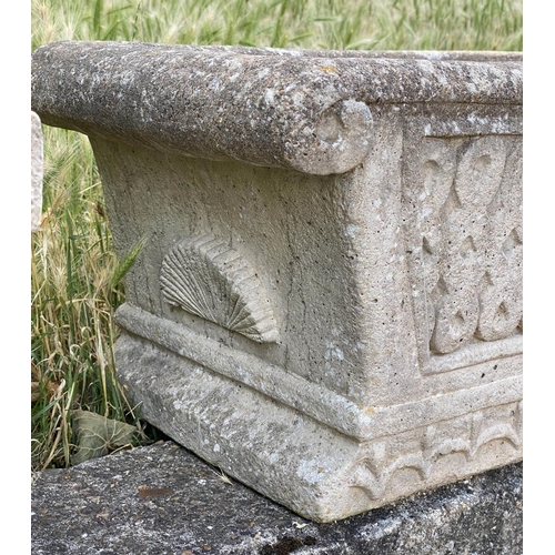 259 - GARDEN PLANTERS/WINDOW BOXES, well weathered reconstituted stone rectangular of neo classical form, ... 