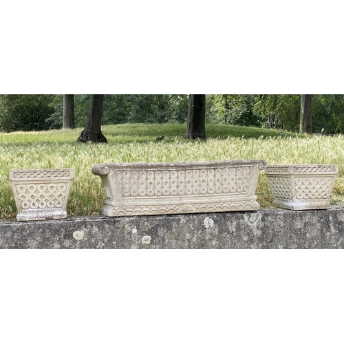 259 - GARDEN PLANTERS/WINDOW BOXES, well weathered reconstituted stone rectangular of neo classical form, ... 