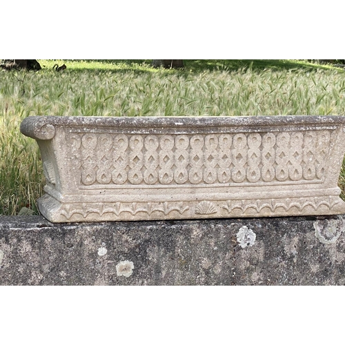 259 - GARDEN PLANTERS/WINDOW BOXES, well weathered reconstituted stone rectangular of neo classical form, ... 