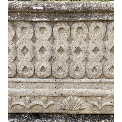 259 - GARDEN PLANTERS/WINDOW BOXES, well weathered reconstituted stone rectangular of neo classical form, ... 