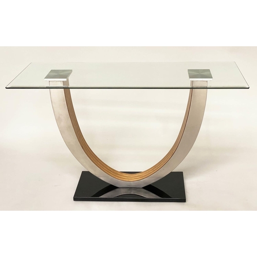 266 - CONSOLE TABLE, contemporary bevelled rectangular glass on ply and metal stand with marble base, 122c... 