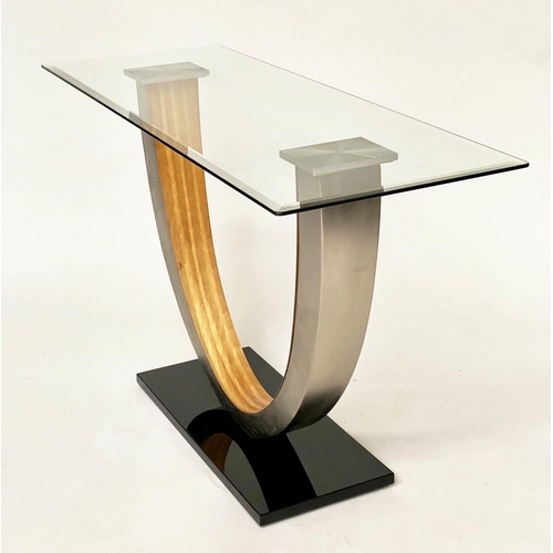 266 - CONSOLE TABLE, contemporary bevelled rectangular glass on ply and metal stand with marble base, 122c... 