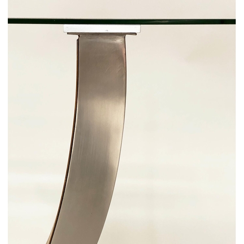 266 - CONSOLE TABLE, contemporary bevelled rectangular glass on ply and metal stand with marble base, 122c... 