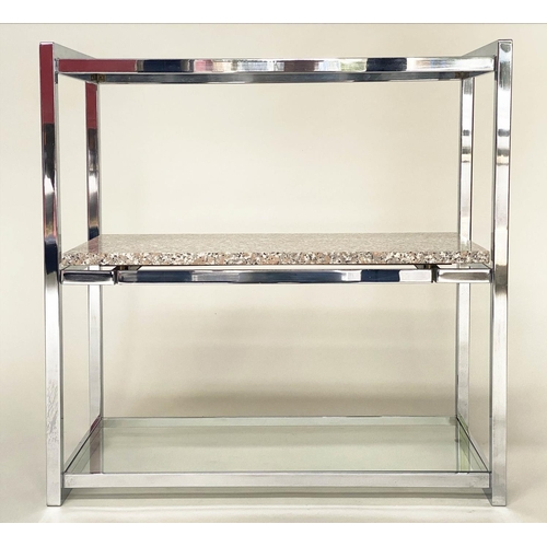 268 - CONSOLE TABLE, 1970s chromium framed with two glass shelves and sliding granite cheese/cake shelf, 7... 