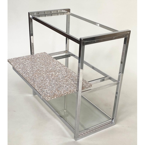 268 - CONSOLE TABLE, 1970s chromium framed with two glass shelves and sliding granite cheese/cake shelf, 7... 