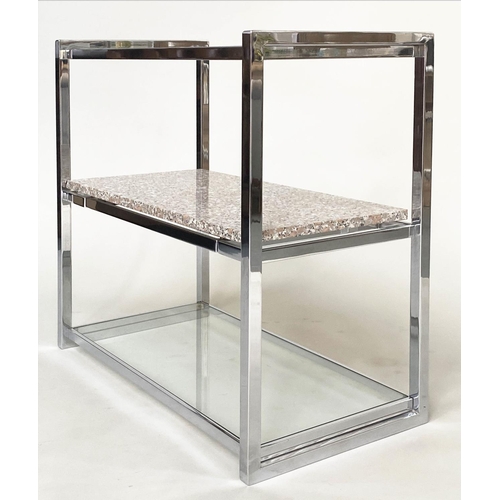 268 - CONSOLE TABLE, 1970s chromium framed with two glass shelves and sliding granite cheese/cake shelf, 7... 