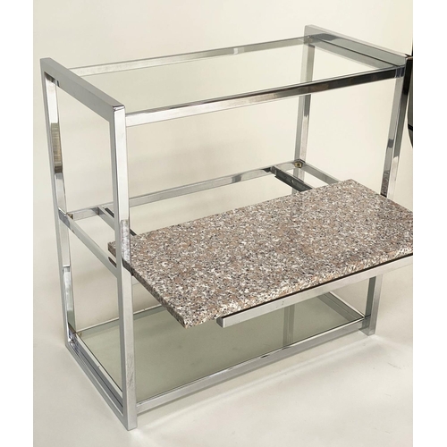 268 - CONSOLE TABLE, 1970s chromium framed with two glass shelves and sliding granite cheese/cake shelf, 7... 