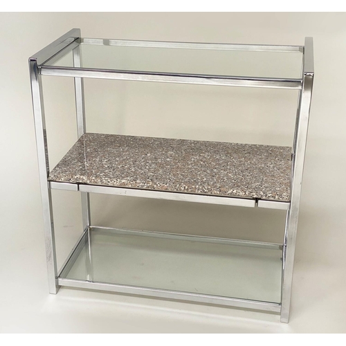 268 - CONSOLE TABLE, 1970s chromium framed with two glass shelves and sliding granite cheese/cake shelf, 7... 