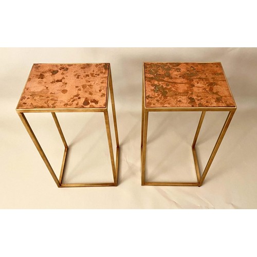 368 - SIDE TABLES, a pair, 1970s Italian style, 57cm H x 30cm W x 25cm D, coppered tops and gilt metal fra... 