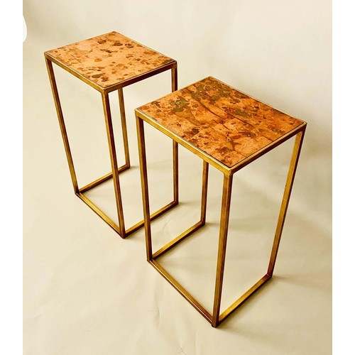 368 - SIDE TABLES, a pair, 1970s Italian style, 57cm H x 30cm W x 25cm D, coppered tops and gilt metal fra... 