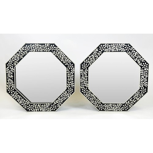 187 - HOSHIARPUR DESIGN WALL MIRRORS, a pair, Indian inlaid octagonal frames, 61cm diam. (2)