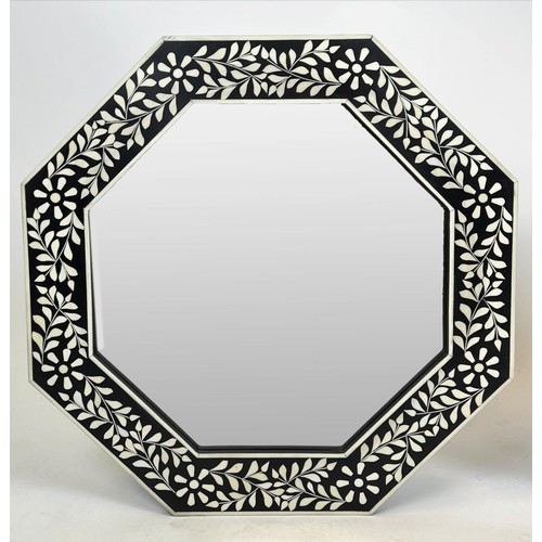 187 - HOSHIARPUR DESIGN WALL MIRRORS, a pair, Indian inlaid octagonal frames, 61cm diam. (2)