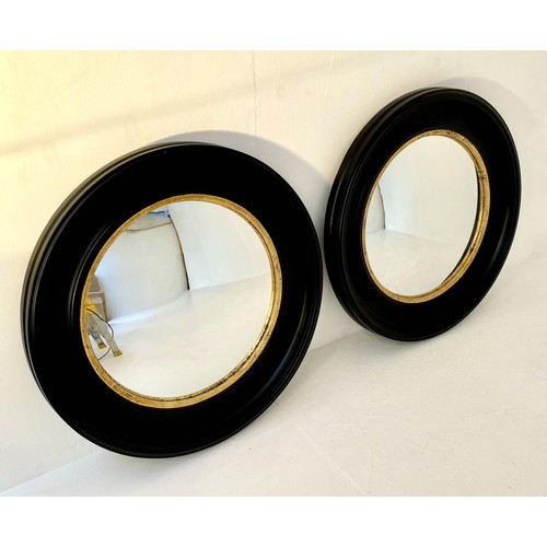 427 - CONVEX STYLE MIRRORS, ebonised frames, gilt edges, 74cm diam. (2)