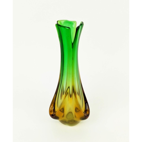 10 - MURANO GLASS FLOWER VASE, in Flavio Polis Sommerso style in yellow amber and green plared form, unsi... 