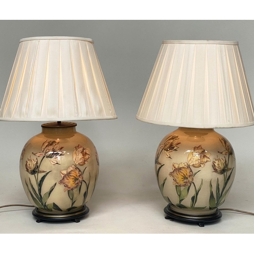 101 - 'TULIP' TABLE LAMPS, a pair, Chinese ceramic vase form with tulip decoration and pleated shades, 64c... 