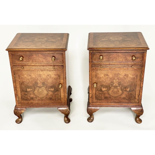 102 - BEDSIDE/LAMP TABLES, a pair, Queen Anne style burr walnut each with drawer, slide and door, 44cm W x... 