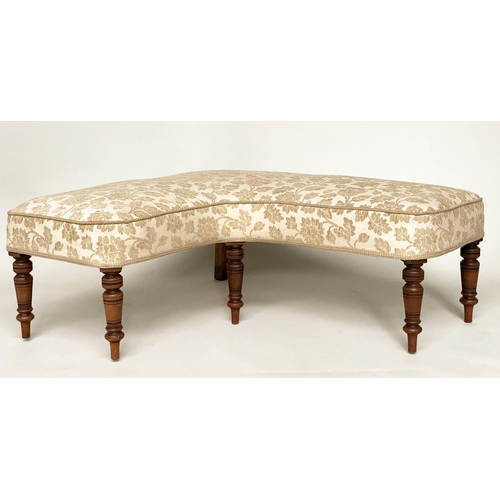 103 - 'L' WINDOW SEAT, late 19th century walnut cream weave upholstered with ring turned supports stamped ... 