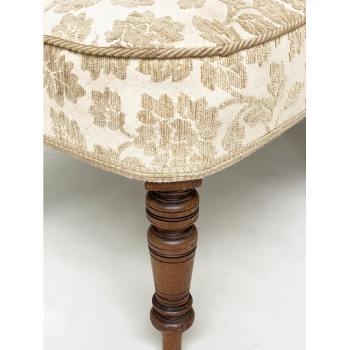 103 - 'L' WINDOW SEAT, late 19th century walnut cream weave upholstered with ring turned supports stamped ... 