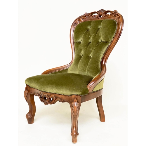 105 - SLIPPER CHAIR, Victorian style mahogany with buttoned green velvet upholstery.