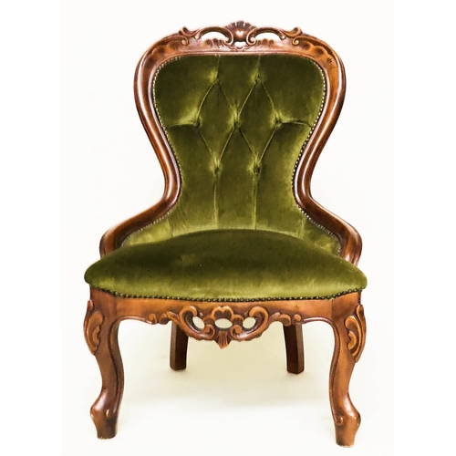 105 - SLIPPER CHAIR, Victorian style mahogany with buttoned green velvet upholstery.