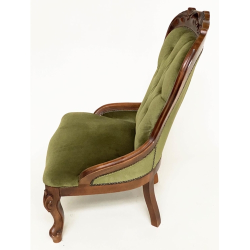 105 - SLIPPER CHAIR, Victorian style mahogany with buttoned green velvet upholstery.