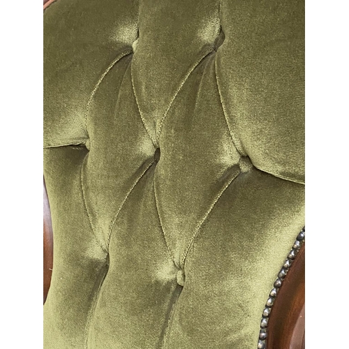 105 - SLIPPER CHAIR, Victorian style mahogany with buttoned green velvet upholstery.