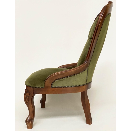 105 - SLIPPER CHAIR, Victorian style mahogany with buttoned green velvet upholstery.