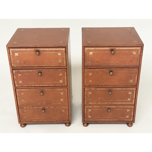 108 - LEATHER CHESTS, a pair, gilt 1970s tooled tan leather, each with two box drawers above a deep filing... 